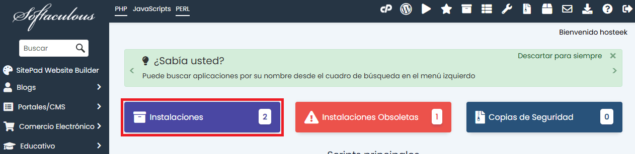Panel de instalaciones Softaculous