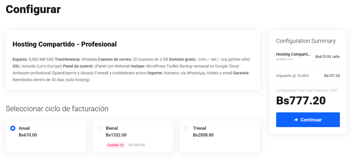 Configuración de ciclo de facturación