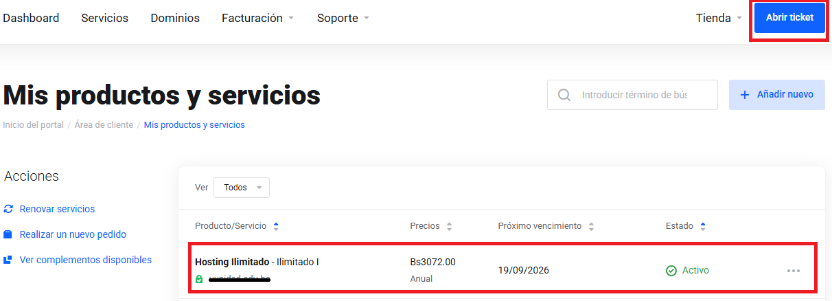 Dashboard Área de Clientes Webhosting Bolivia