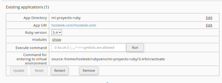 Gestión de módulos y gemas Ruby en cPanel